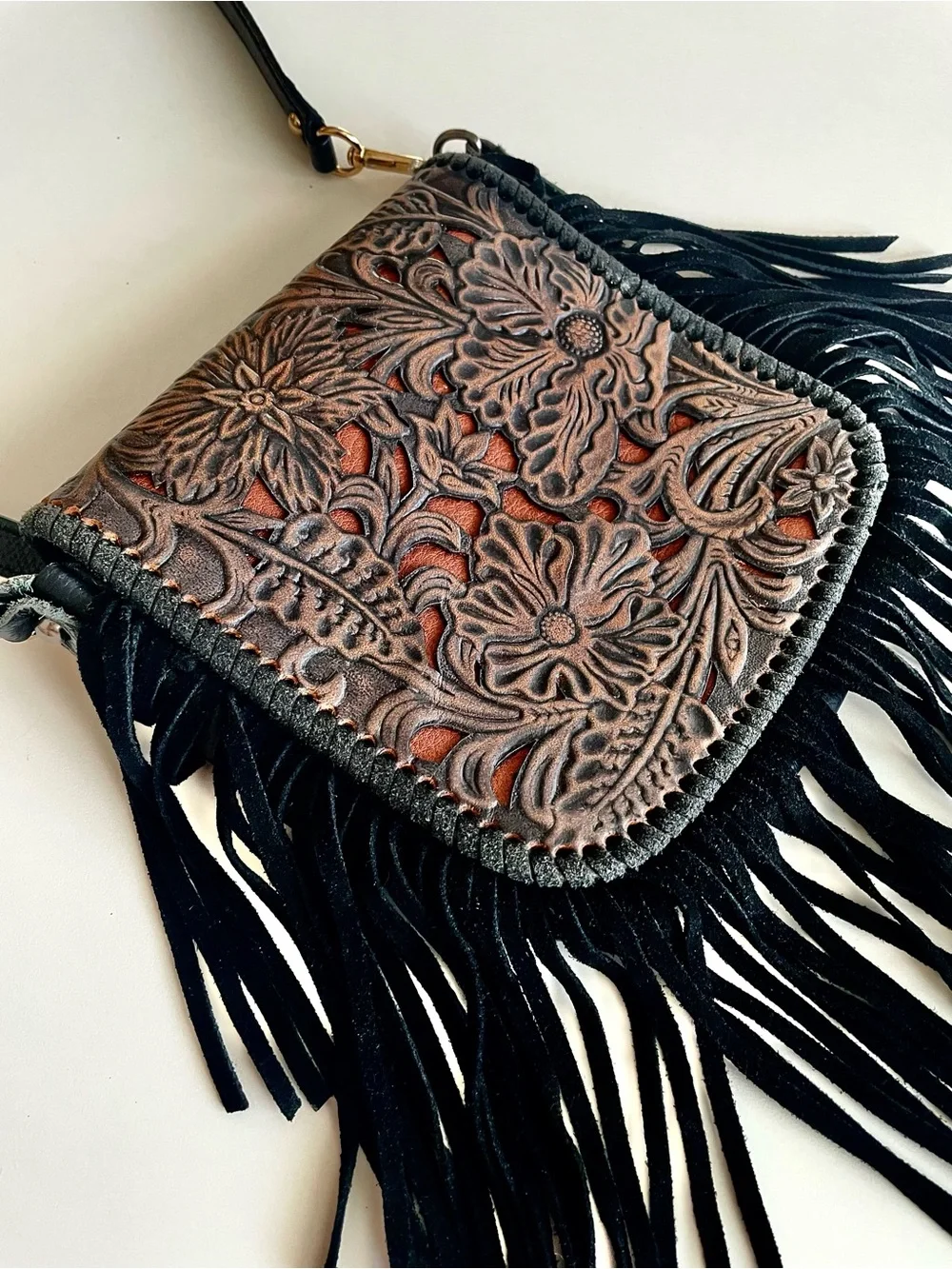 P&G Genuine Leather Tooled Floral Fringe Crossbody Boho Western Bag
